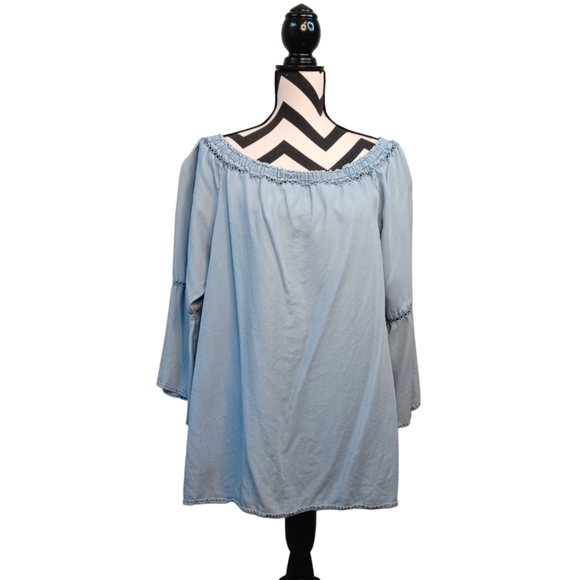 Soft Surroundings Boho Chambray Sz XL Off The Shoulder 3/4 Bell Sleeve Tunic Top - Picture 1 of 12